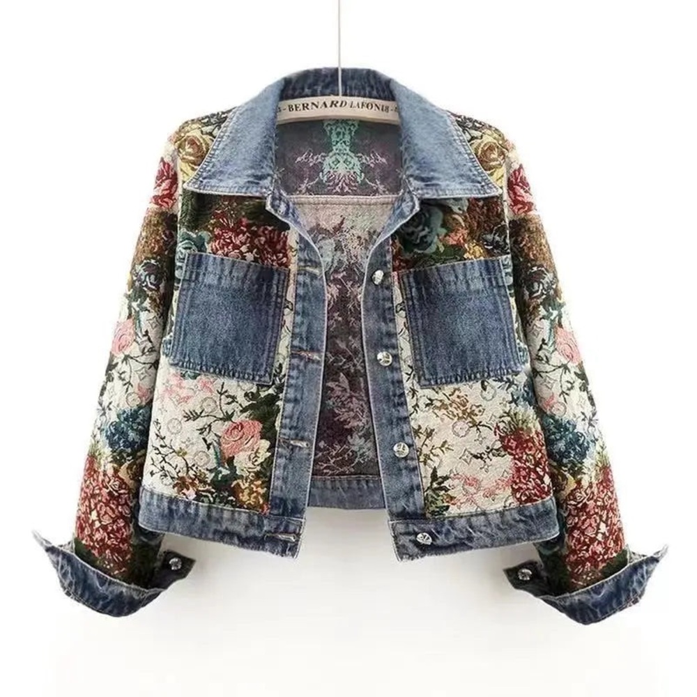 Floral Printed tapestry patchwork long sleeve Denim jacket
